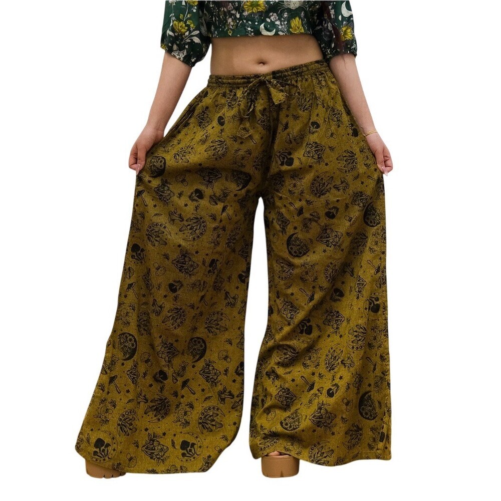 Y2k Hippie Women’s Wide-Leg Palazzo Pants 27” Boho Celestial Mushroom Gypsy - Picture 1 of 14